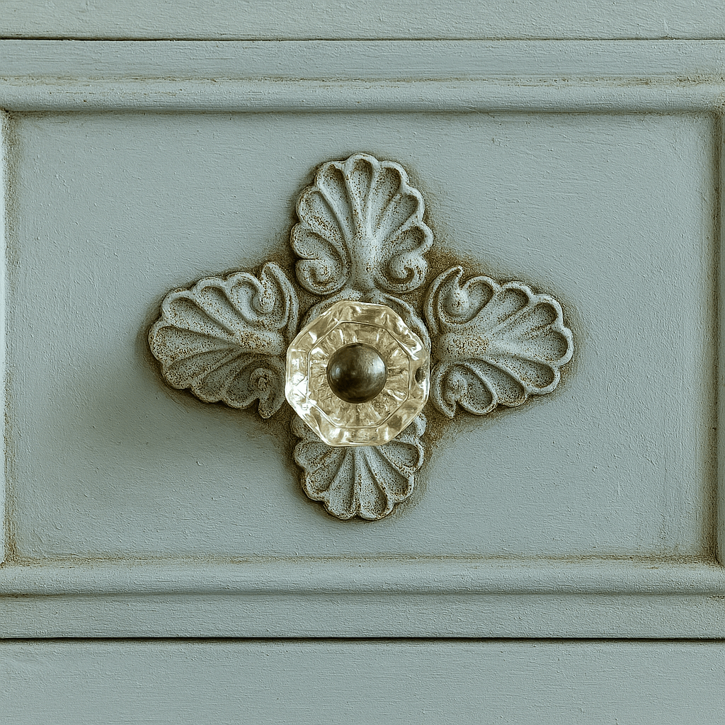 Plaque 019 decorative applique used as a backplate for a glass drawer knob on a duck egg blue drawer front, with dark wax highlighting the raised detailing