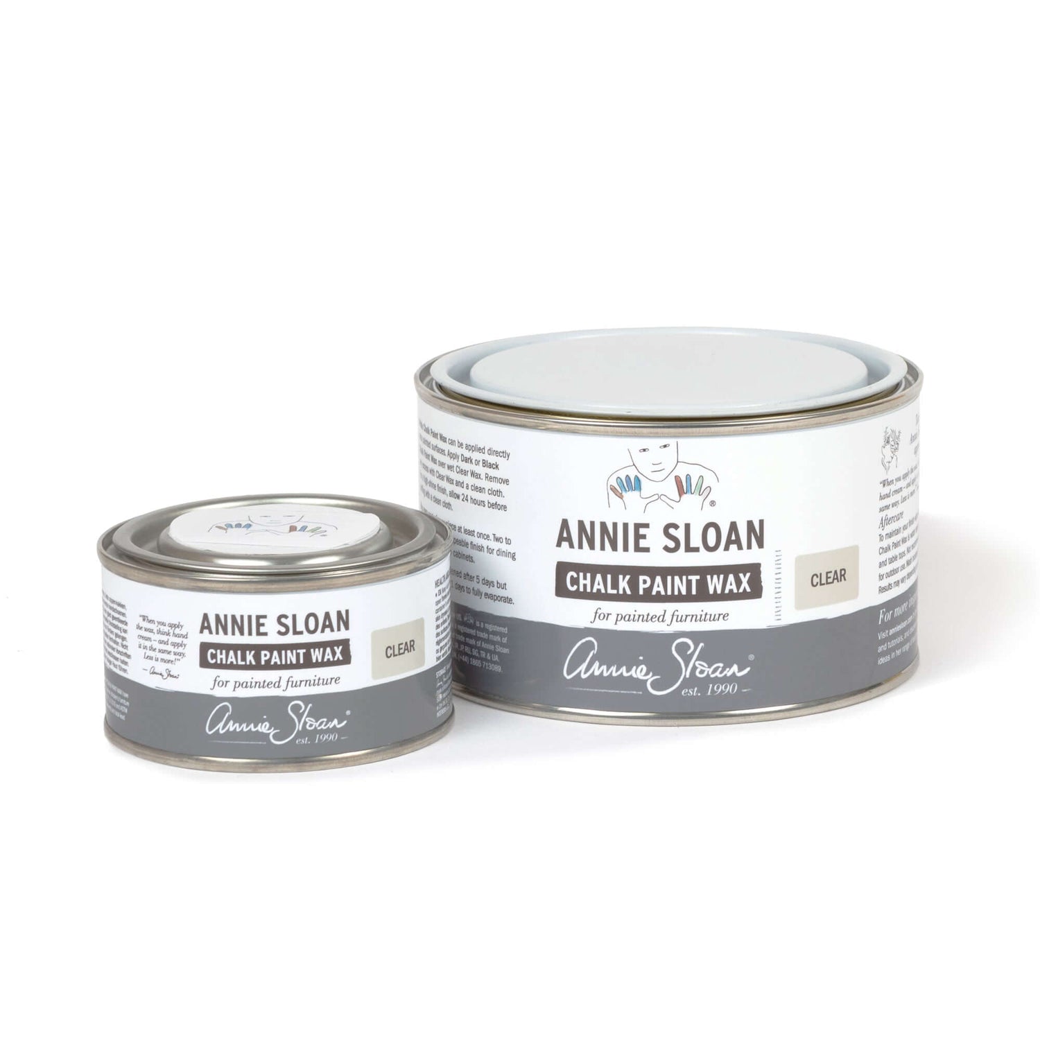 Two Annie Sloan Chalk Paint Wax tins for painted furniture, sealing with style and finishing with confidence.