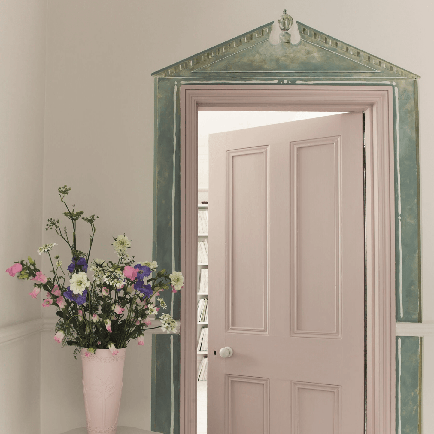 Pointe Silk painted door with Chateau Grey surround styled with a floral vase