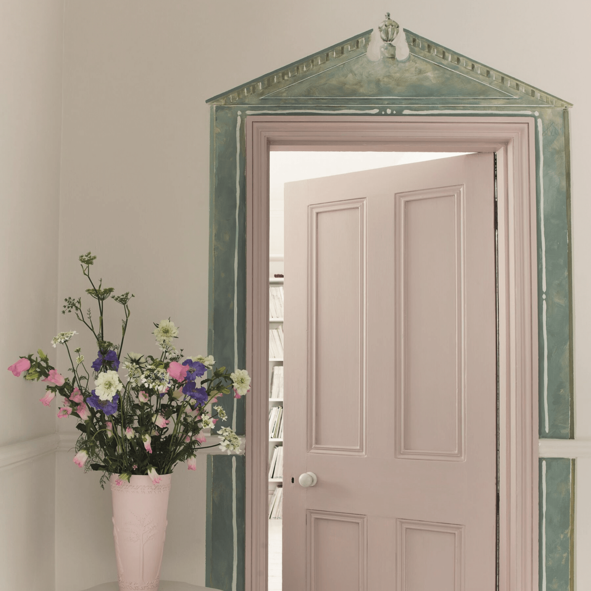 Pointe Silk painted door with Chateau Grey surround styled with a floral vase