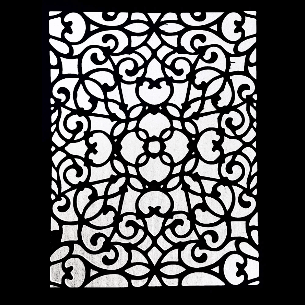 Valencia Fretwork Stencil featuring an intricate Moorish-inspired scroll pattern on a black background.