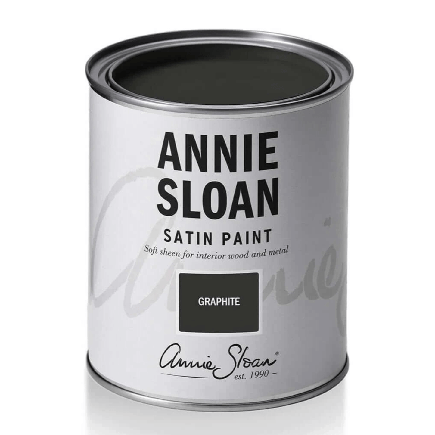 Graphite - Annie Sloan Satin Paint can showcasing the dark grey color for interior wood and metal applications.