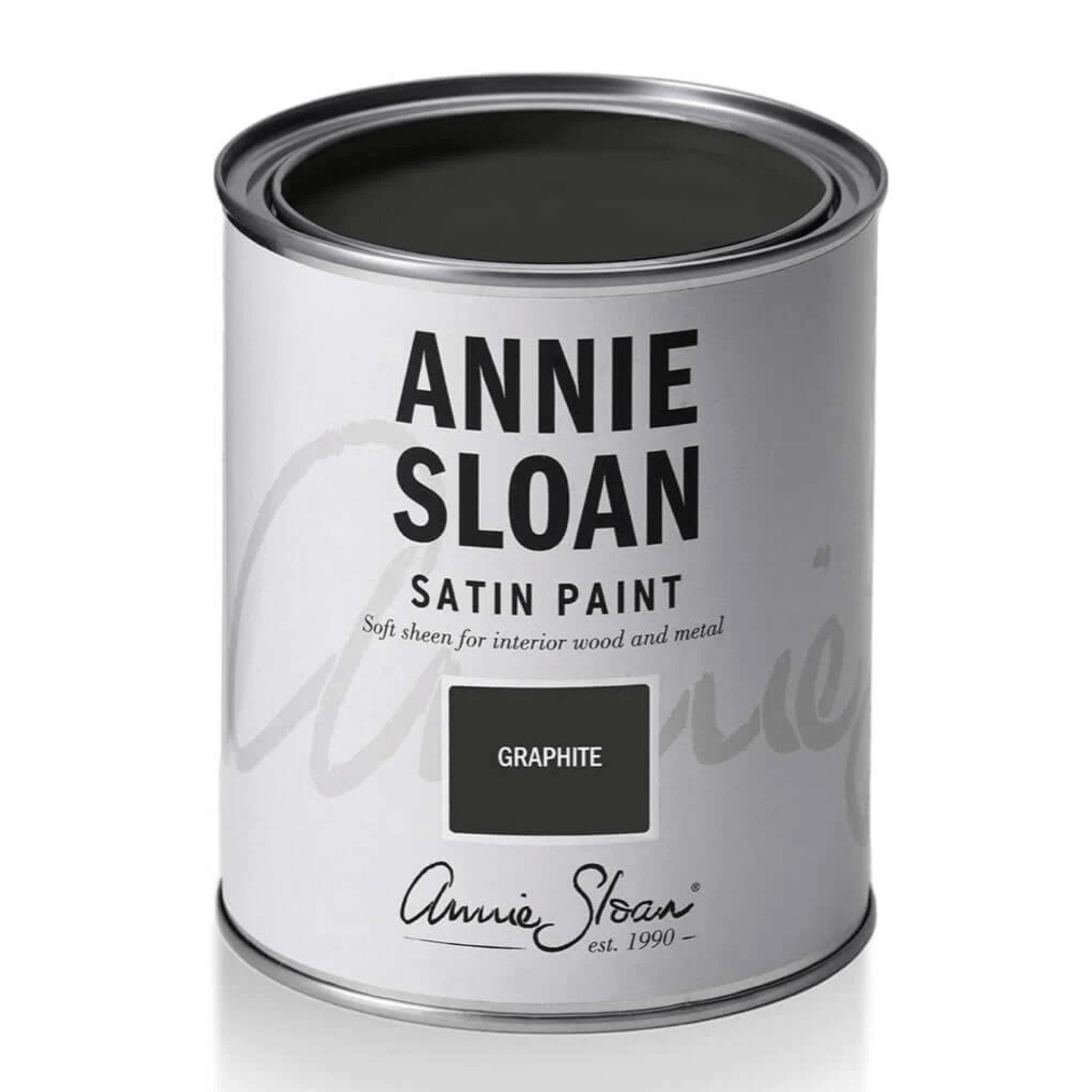 Graphite - Annie Sloan Satin Paint can showcasing the dark grey color for interior wood and metal applications.