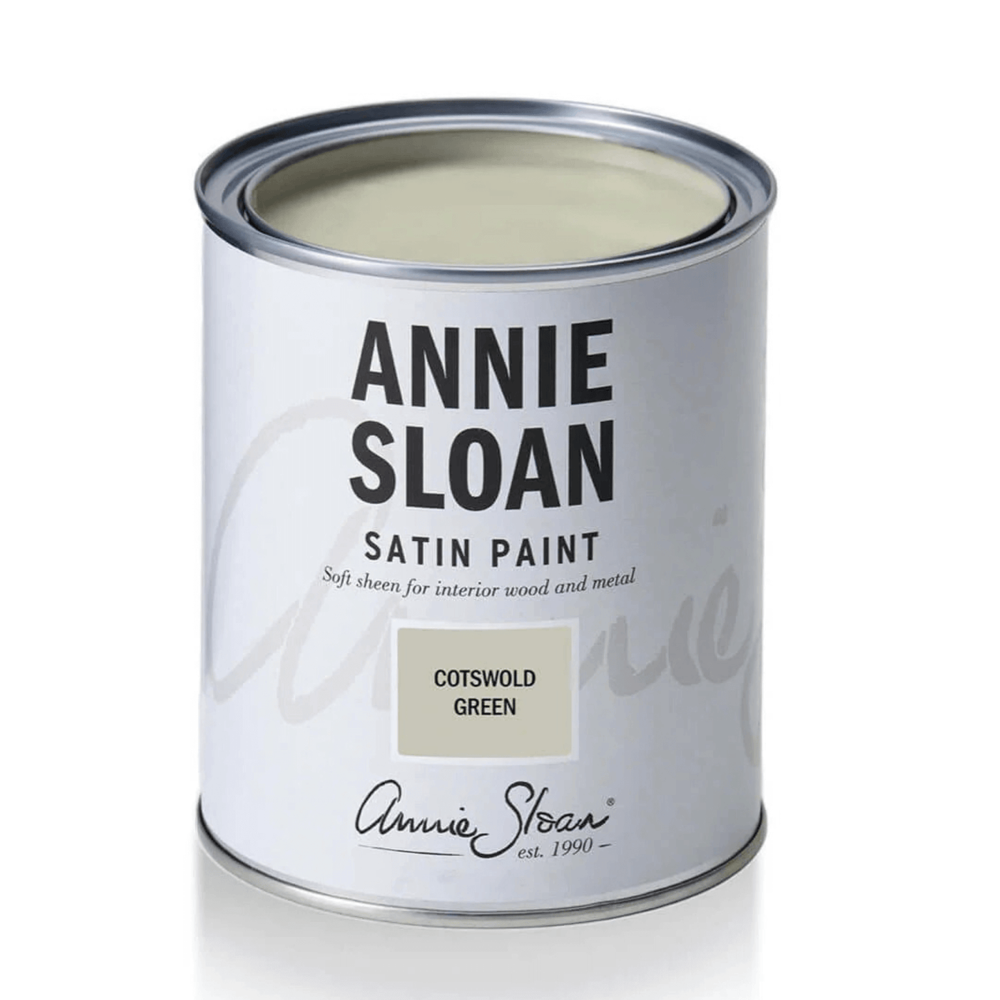 Annie Sloan satin paint can with Cotswold Green color on a white background