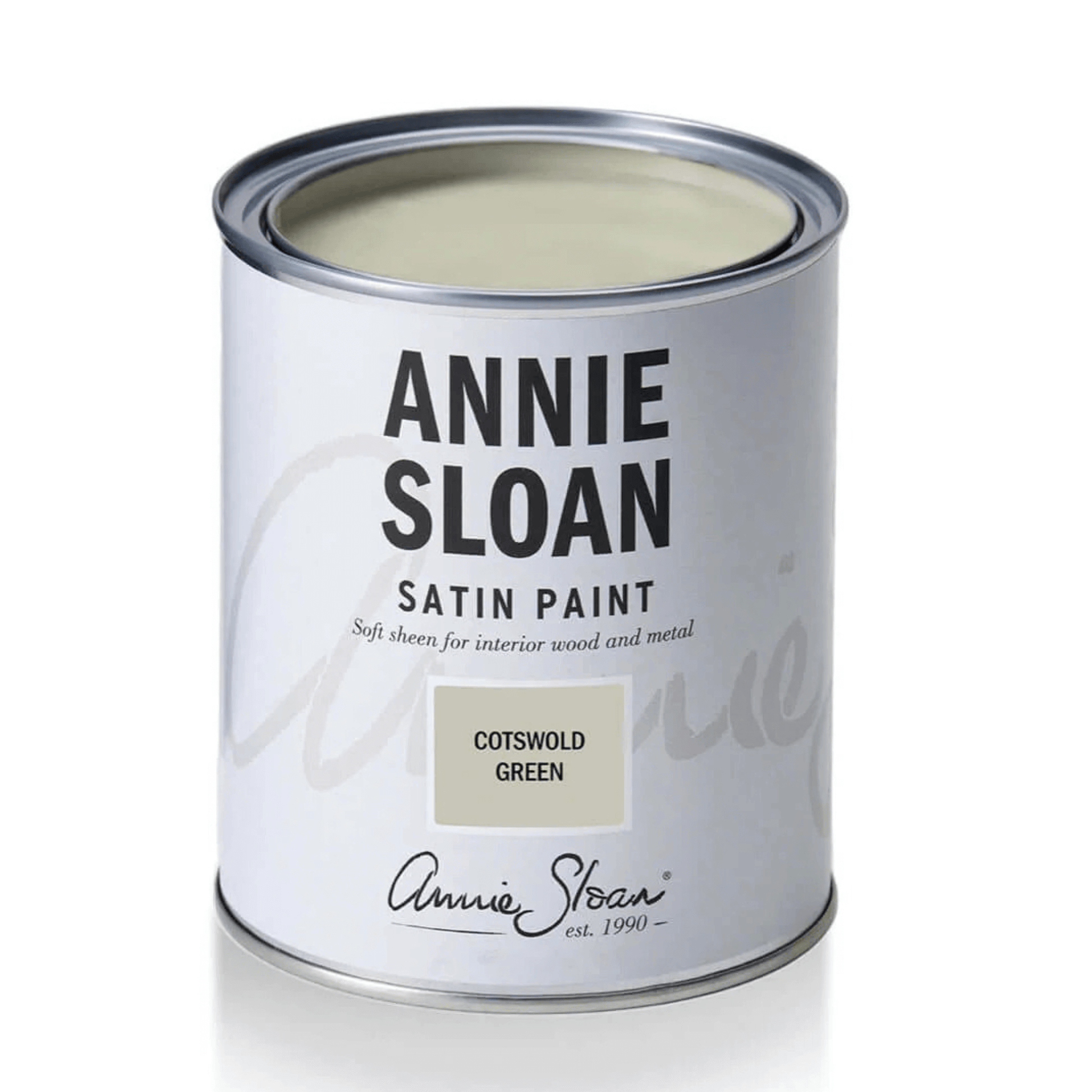 Annie Sloan satin paint can with Cotswold Green color on a white background