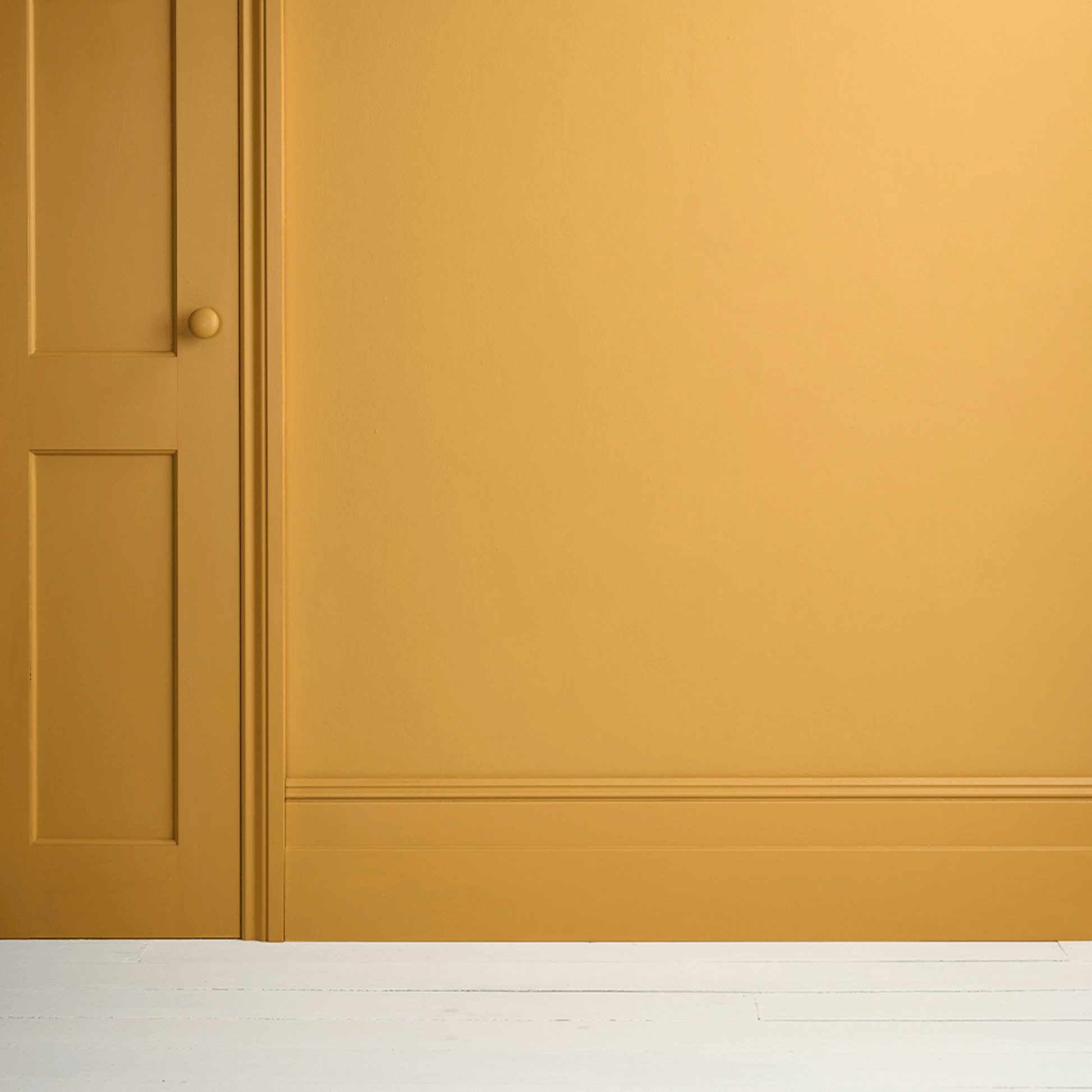 Interior wall and door painted in Carnaby Yellow in a rich mustard tone