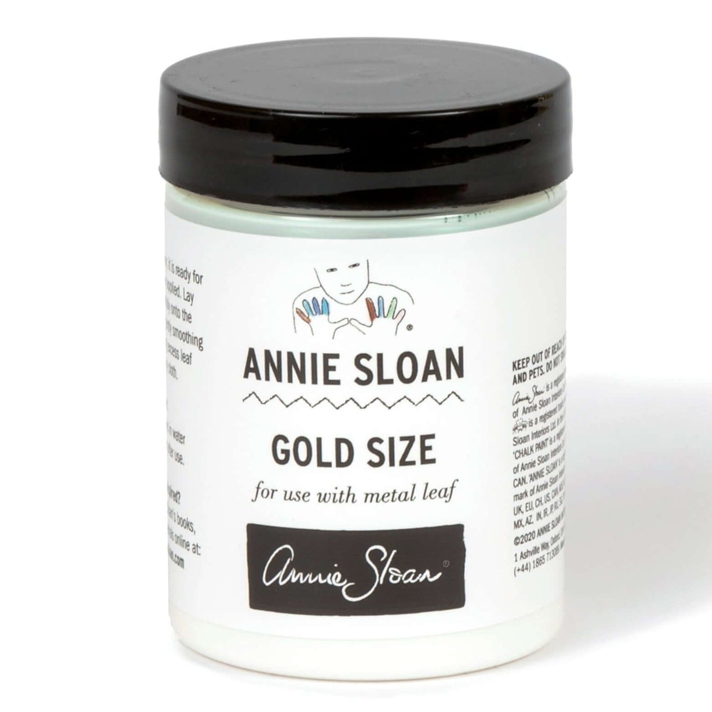 Annie Sloan Gold Size jar with black lid, white label stating for use with metal leaf, 100ml pot.