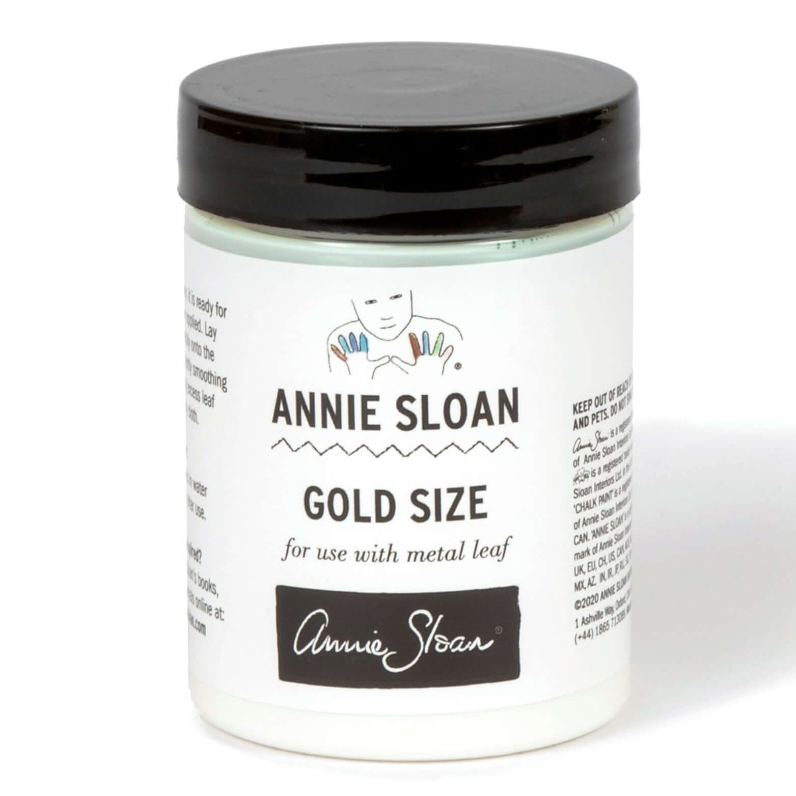 Annie Sloan Gold Size jar with black lid, white label stating for use with metal leaf, 100ml pot.