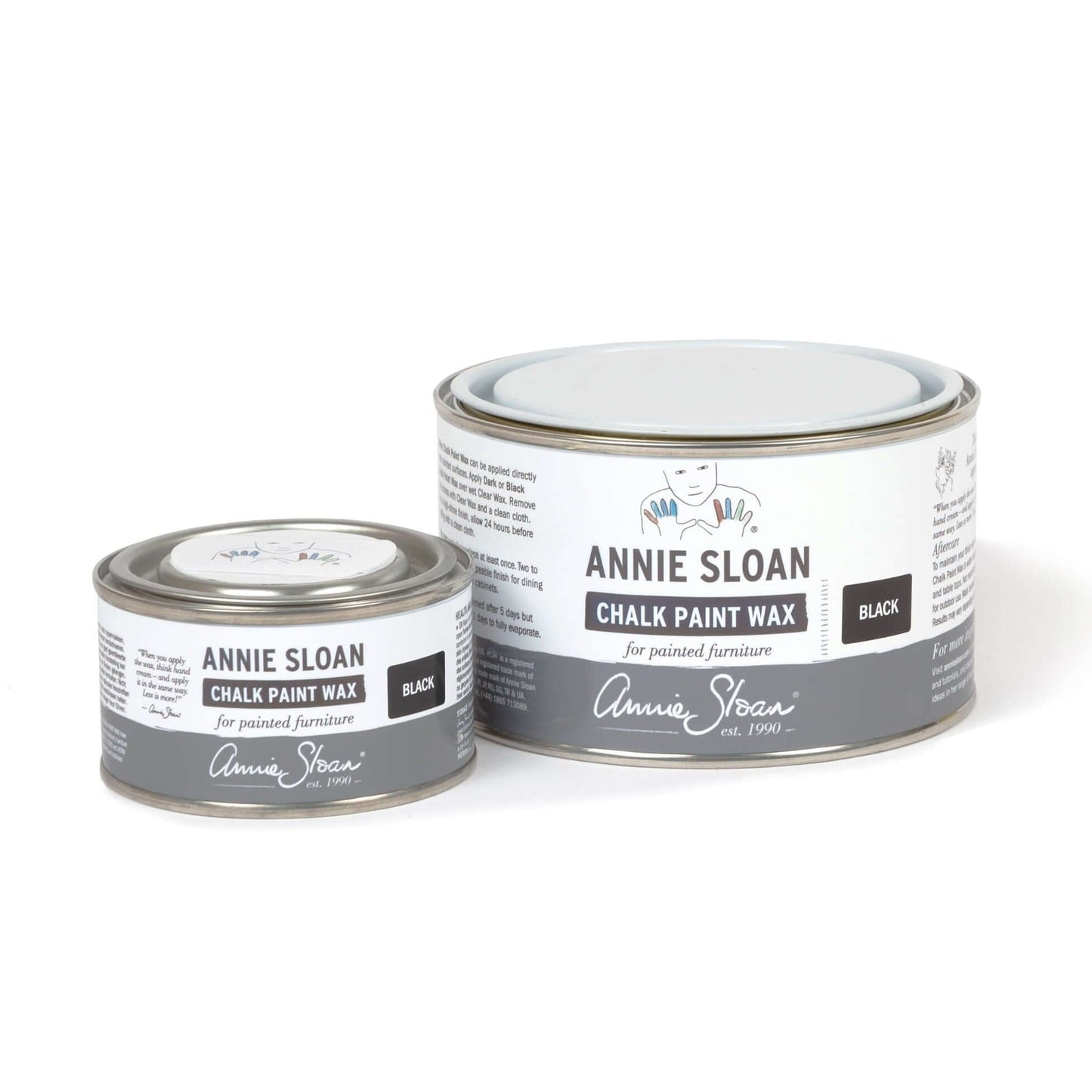 Annie Sloan Black Chalk Paint Wax products in small and large cans for painted furniture.