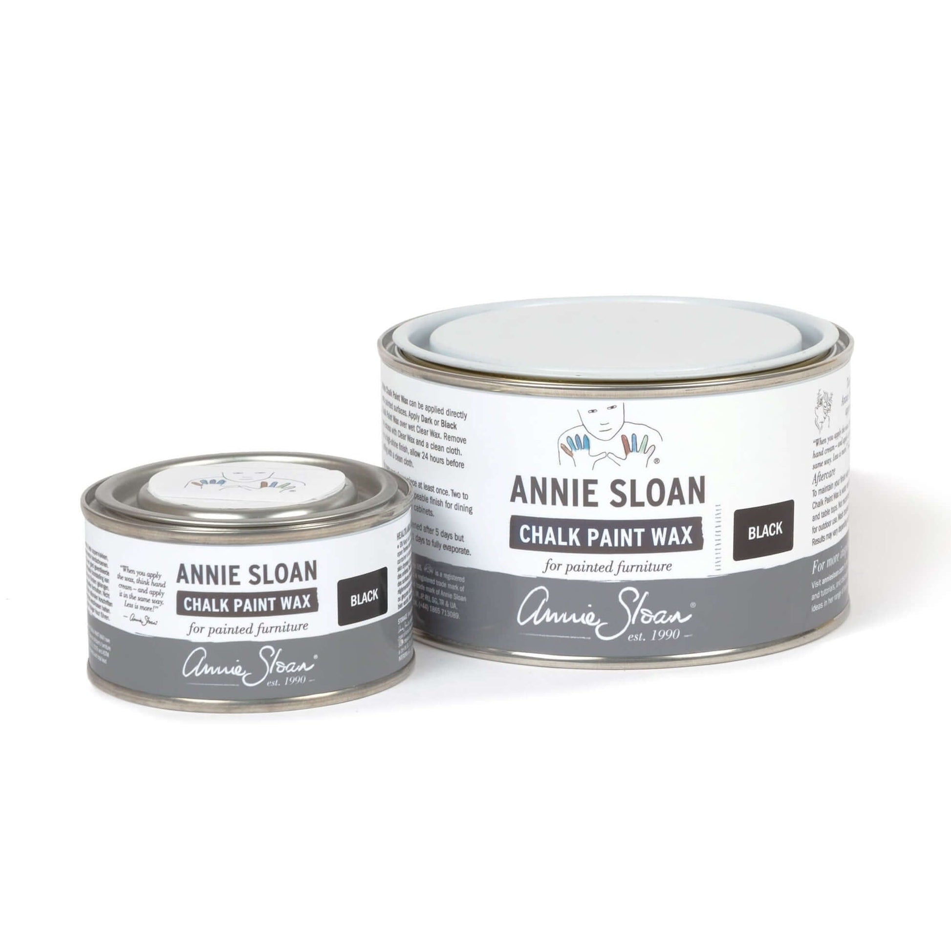 Annie Sloan Black Chalk Paint Wax products in small and large cans for painted furniture.