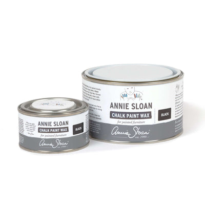 Annie Sloan Black Chalk Paint Wax products in small and large cans for painted furniture.