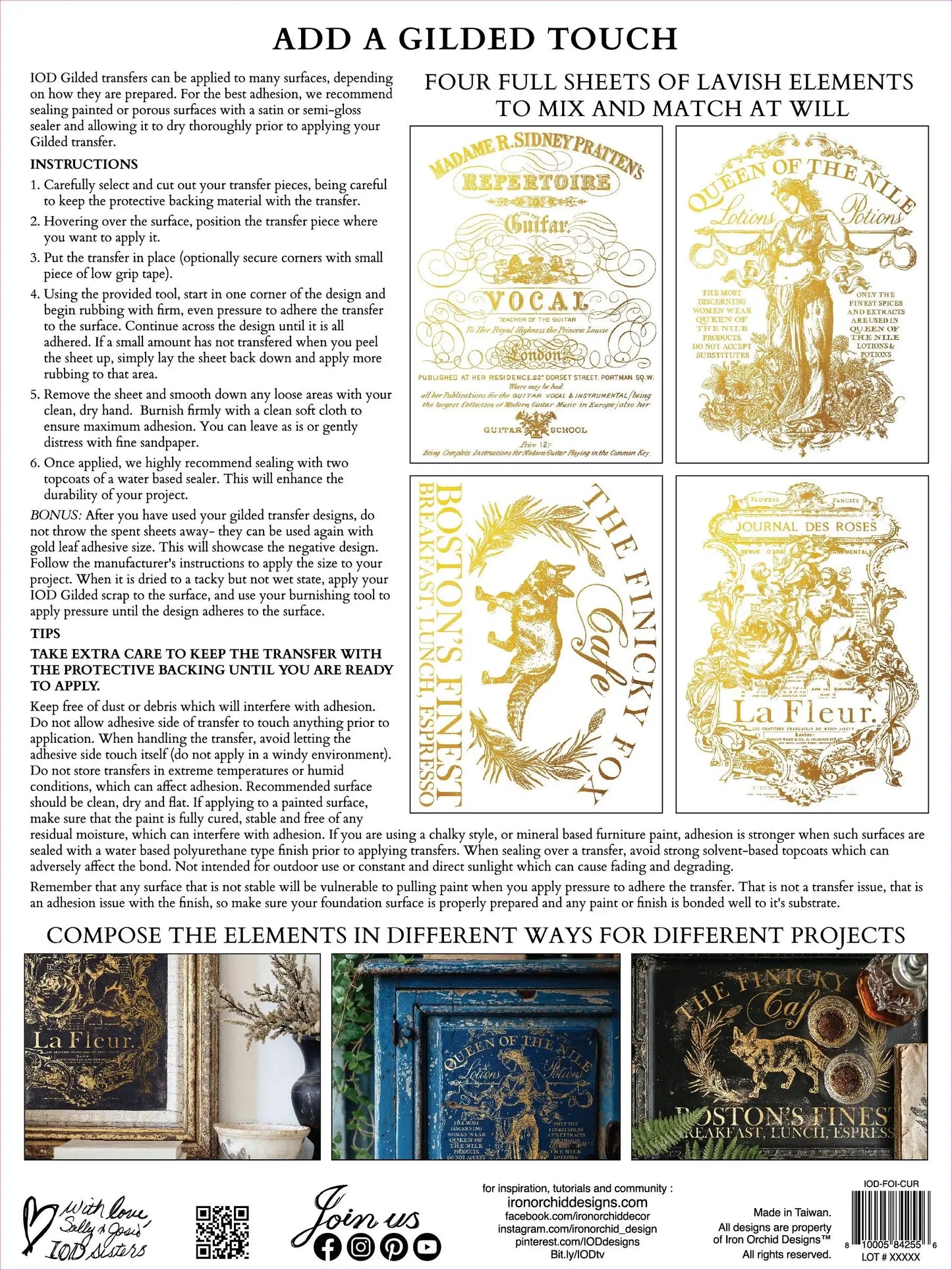 Gilded design elements with instructions and branding on a white background