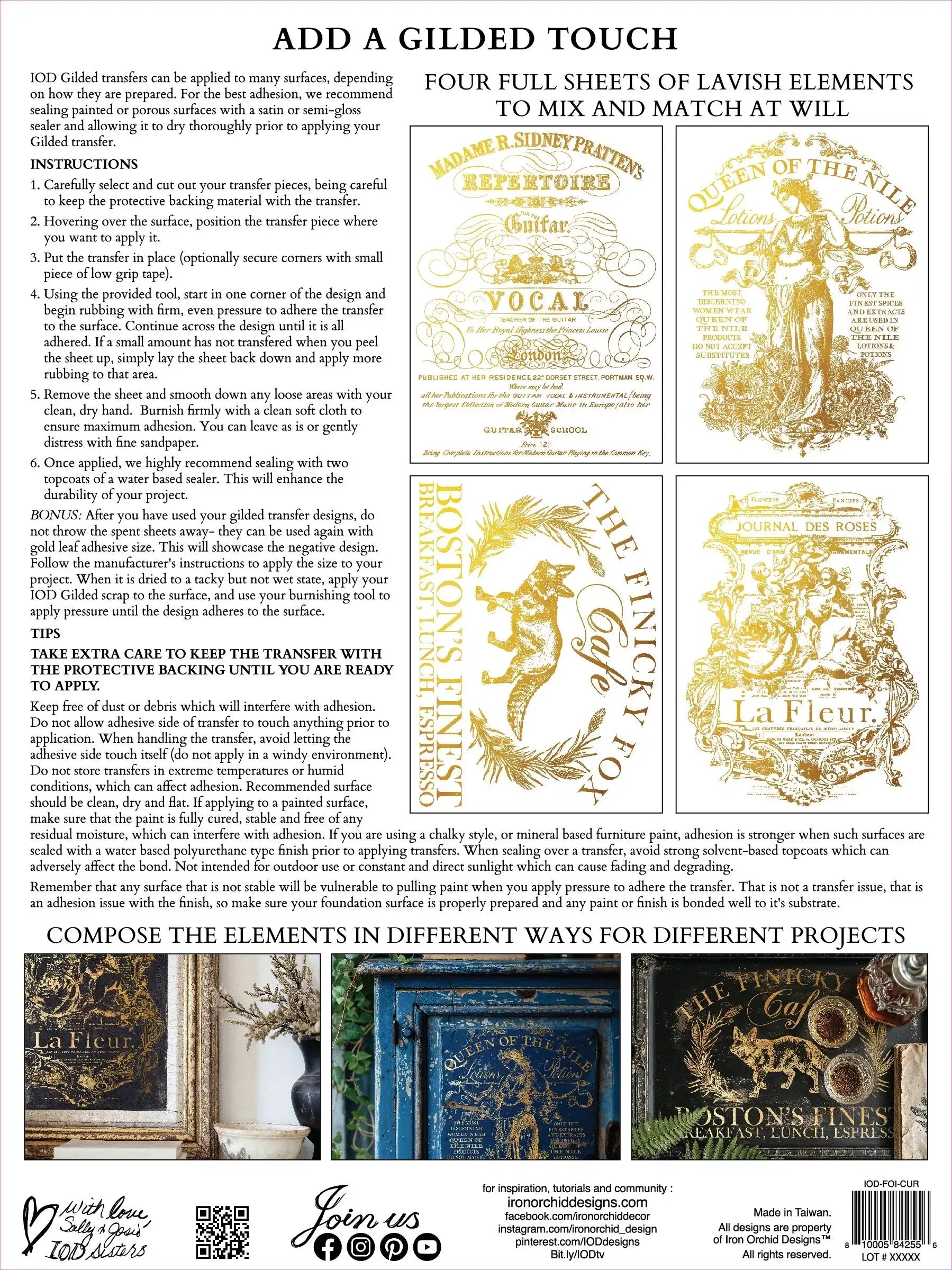Gilded design elements with instructions and branding on a white background