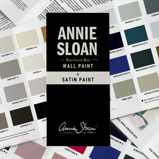 Annie Sloan paint swatch book with color samples on a white background