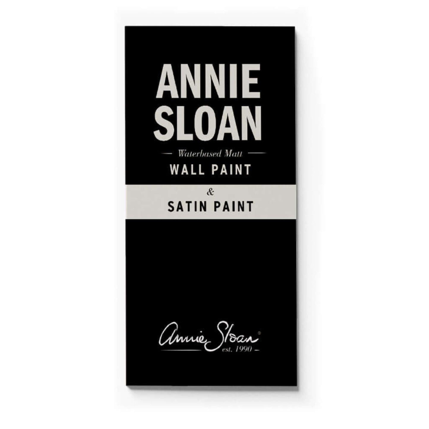 Annie Sloan Wall and Satin Paint Colour Card with black and white design on a white background