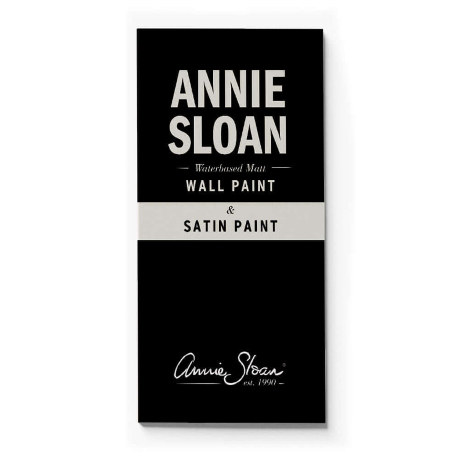 Annie Sloan Wall and Satin Paint Colour Card with black and white design on a white background
