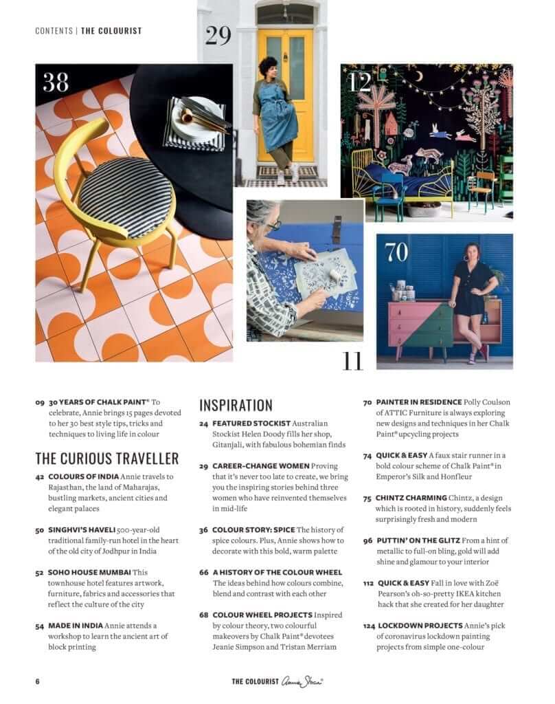 Annie Sloan - The Colourist Issue 5 contents page including articles and inspirations for Chalk Paint® projects.