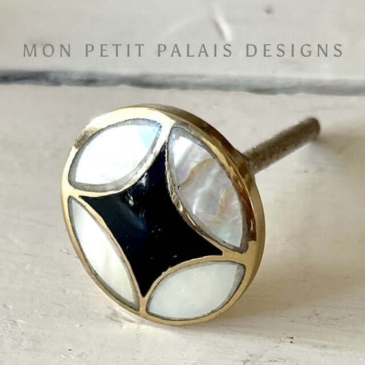 Side view of black and mother of pearl diamond knob with brass detailing - modern cabinet knob for contemporary or statement furniture.
