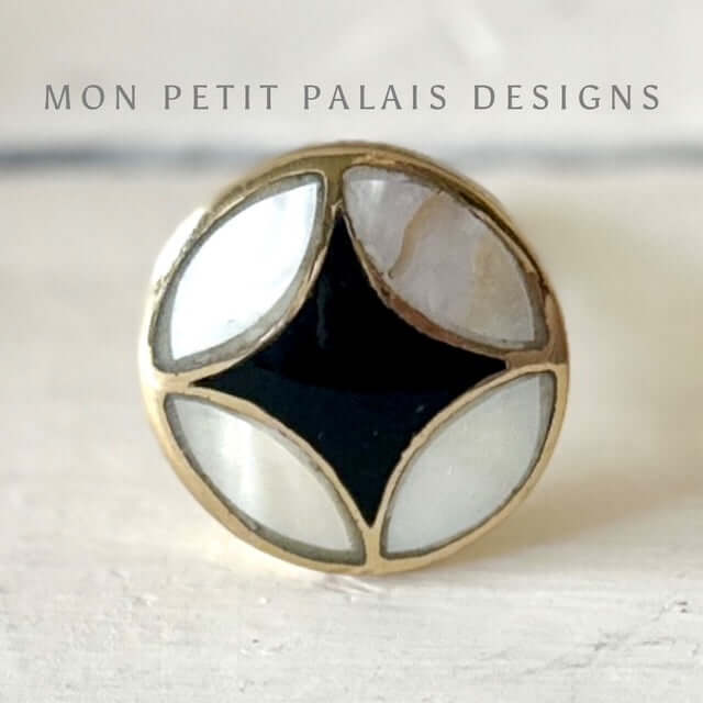 Alex brass and black mother of pearl diamond knob - luxe geometric handle with aged gold finish from Mon Petit Palais Designs