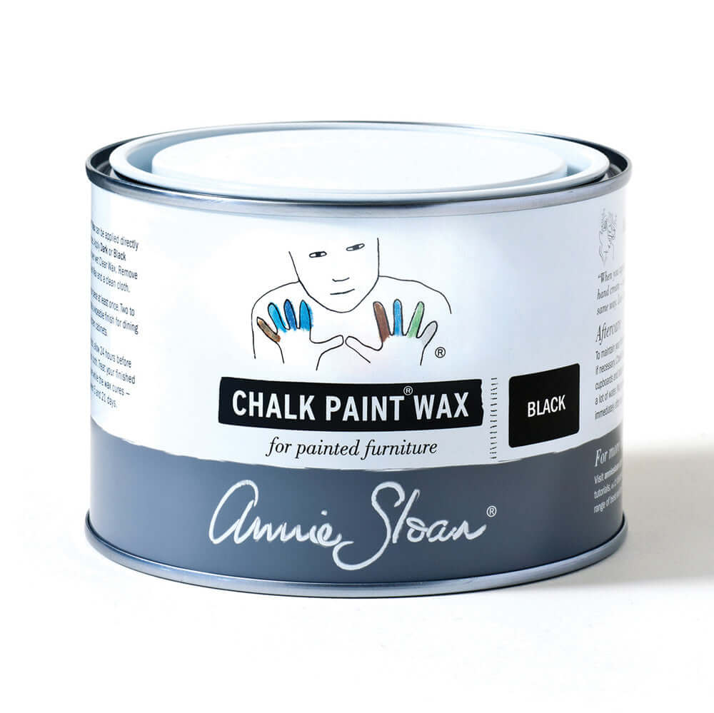 Annie Sloan Black Chalk Paint Wax can for painted furniture with branding and product details.