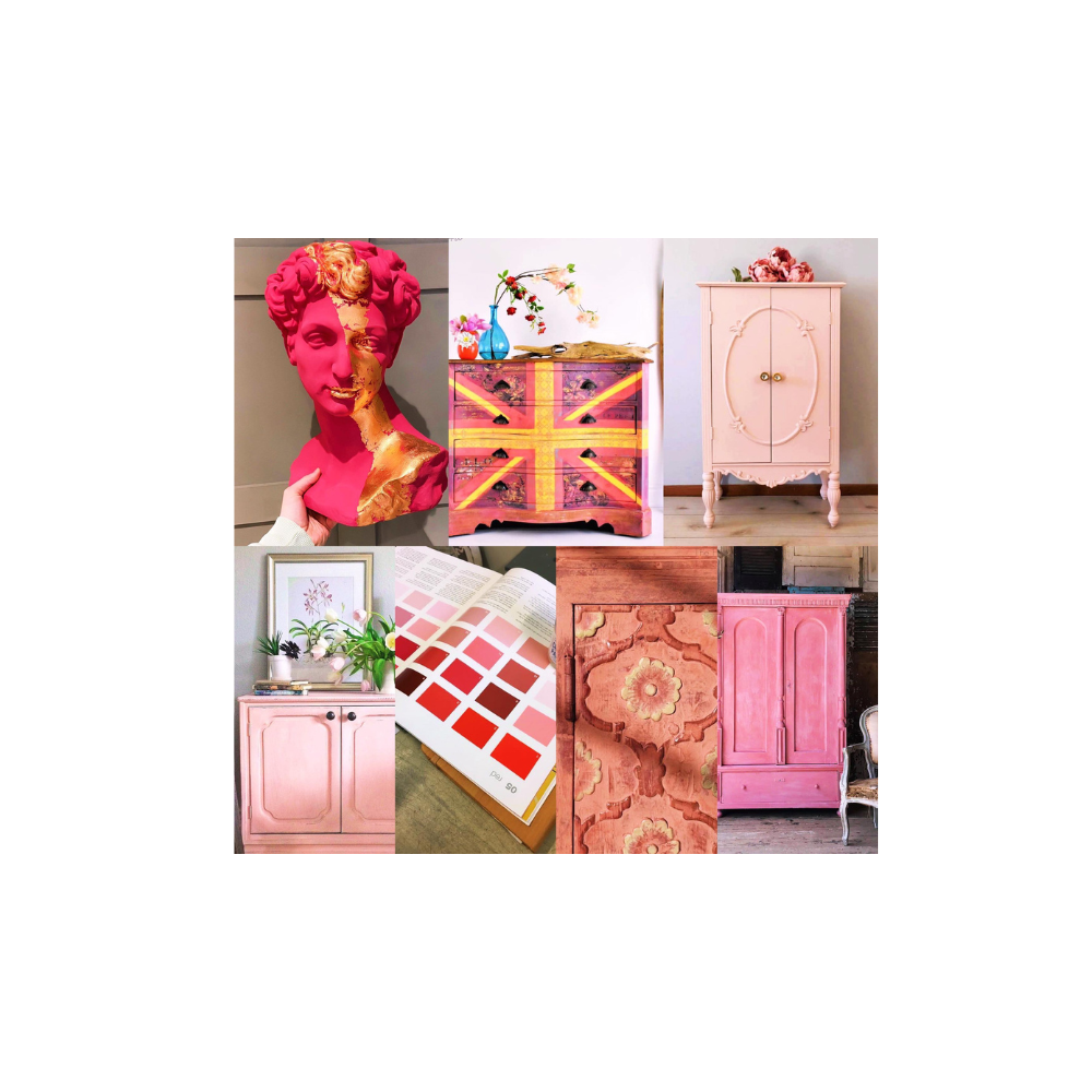 Creative chalk paint project ideas including bold bust sculpture, Union Jack chest, vintage cabinets, pink furniture, and decorative samples