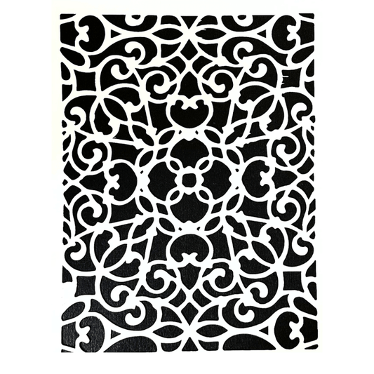 Valencia Fretwork Stencil showcasing intricate Moorish-inspired design for elegant project transformation.