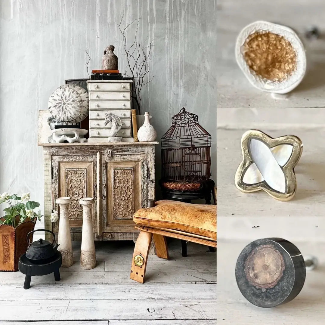 A styled rustic interior featuring a carved wooden cabinet, decorative objects, and close-up detail shots of three different cabinet knobs.