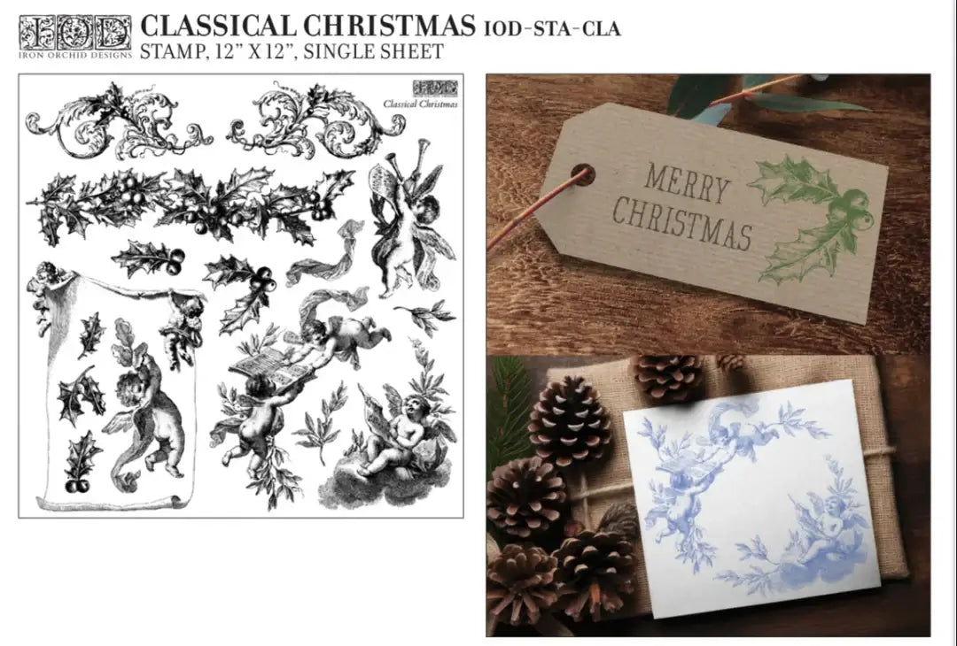 Christmas-themed stamp set with decorative elements and a Christmas card on a wooden surface.