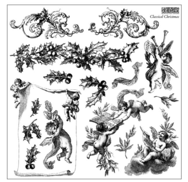Ion Orchid Designs stamp with decorative design with cherubs, holly leaves, and ribbons on a white background.