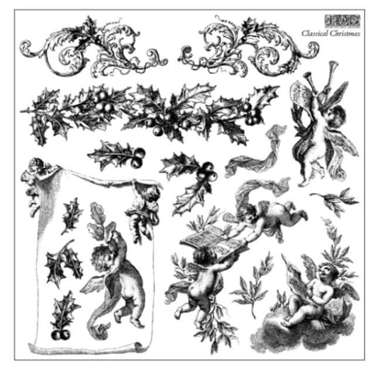 Ion Orchid Designs stamp with decorative design with cherubs, holly leaves, and ribbons on a white background.
