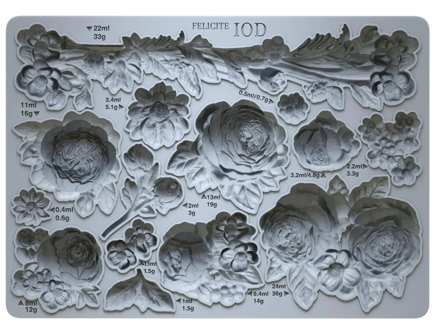 IOD Felicite Decor Mould with intricate rose designs, perfect for crafts and baking projects, measuring 5 x 7 inches.