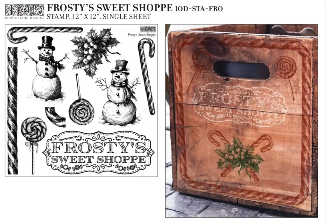 Iron Orchid Designs stamp in use to create a wooden crate with 'Frosty's Sweet Shoppe' design next to a stamp set featuring snowmen, candy canes, and lollipops.