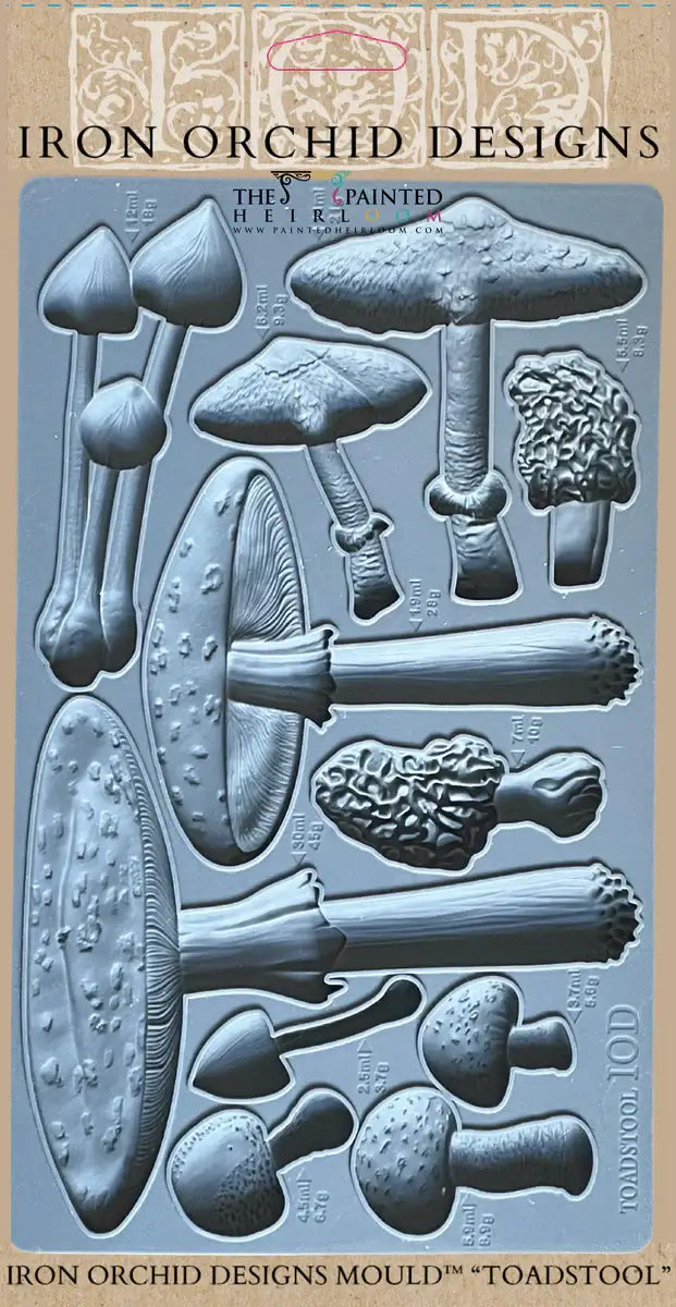 IOD Toadstool Decor Mould featuring 11 sculpted mushrooms for creative projects and decor.
