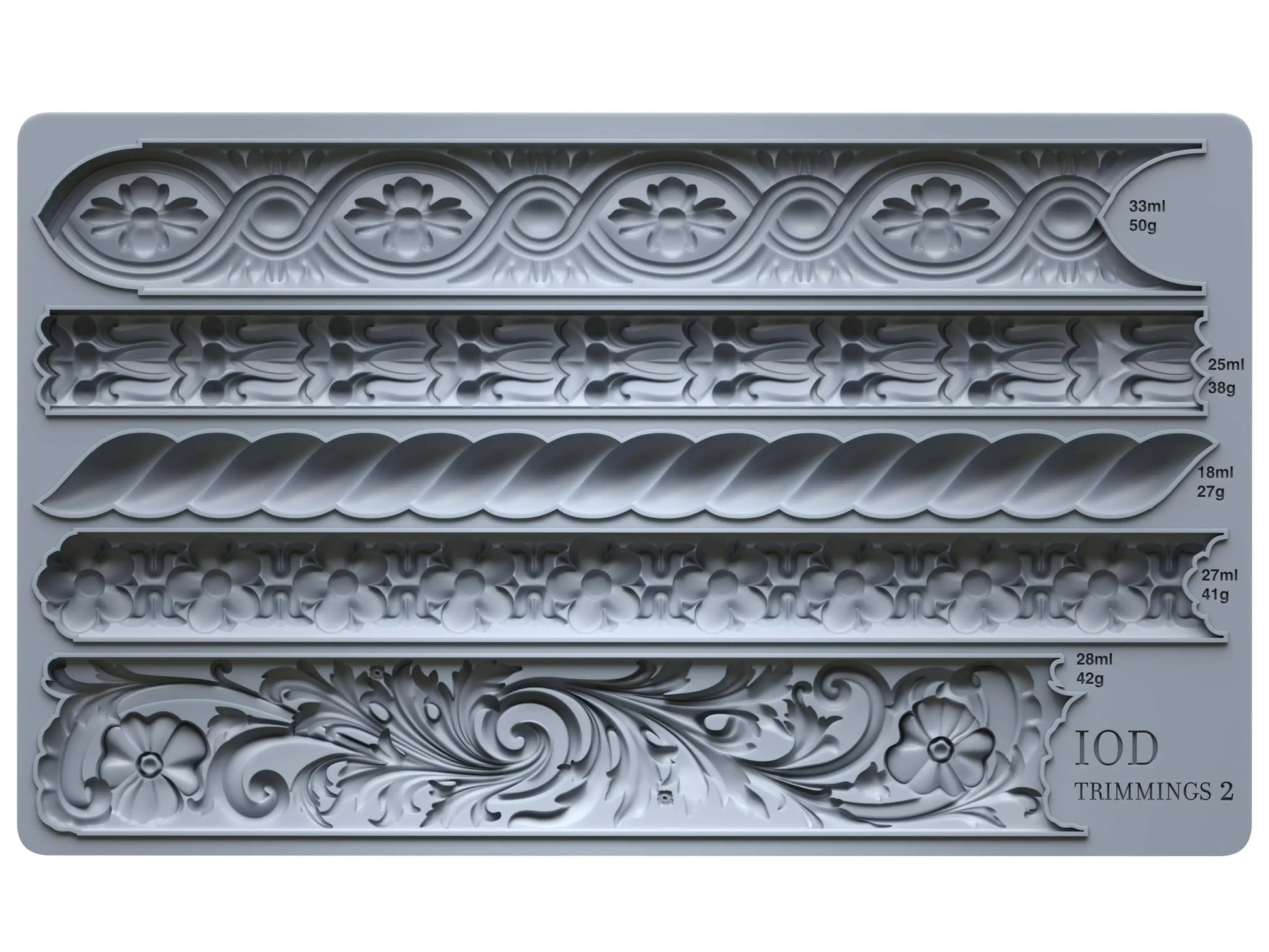 IOD Trimmings 2 Decor Mould showcasing intricate decorative borders and filigrees for furniture styling.