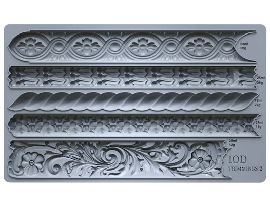 IOD Trimmings 2 Decor Mould showcasing intricate decorative borders and filigrees for furniture styling.