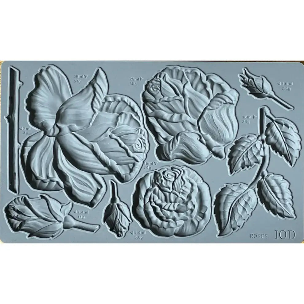 IOD Roses Decor Mould featuring detailed rose blooms, buds, leaves, and stem for creative DIY projects.