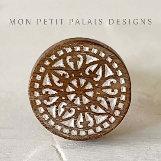 Marie carved wood knob with detailed cut-out design in natural finish - coastal boho handle from Mon Petit Palais Designs.