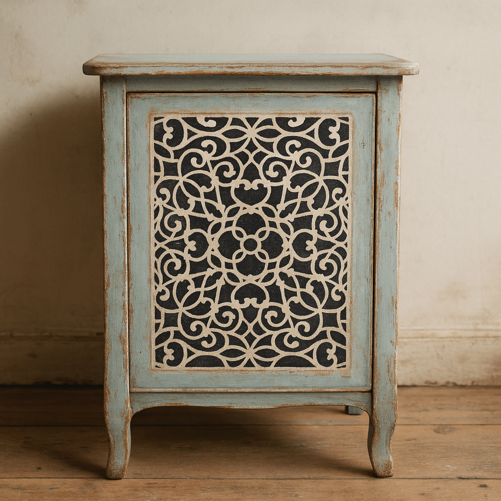 Valencia Fretwork Stencil design on a blue side table, showcasing intricate Moorish-inspired patterns.