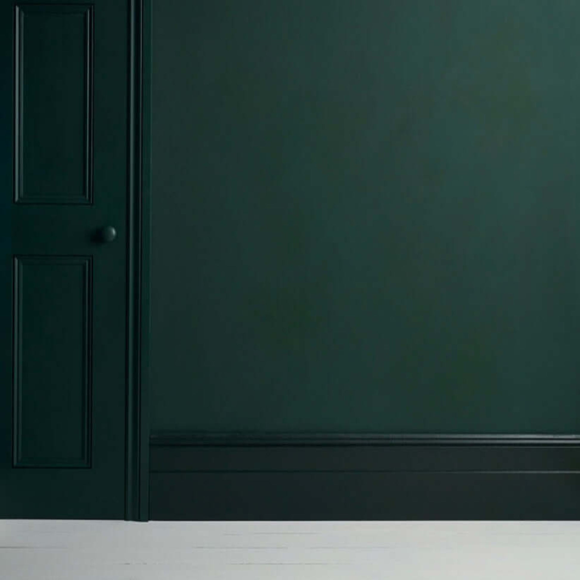 Knightsbridge Green - Annie Sloan Satin Paint on a wall with a door, showcasing a rich forest green color.