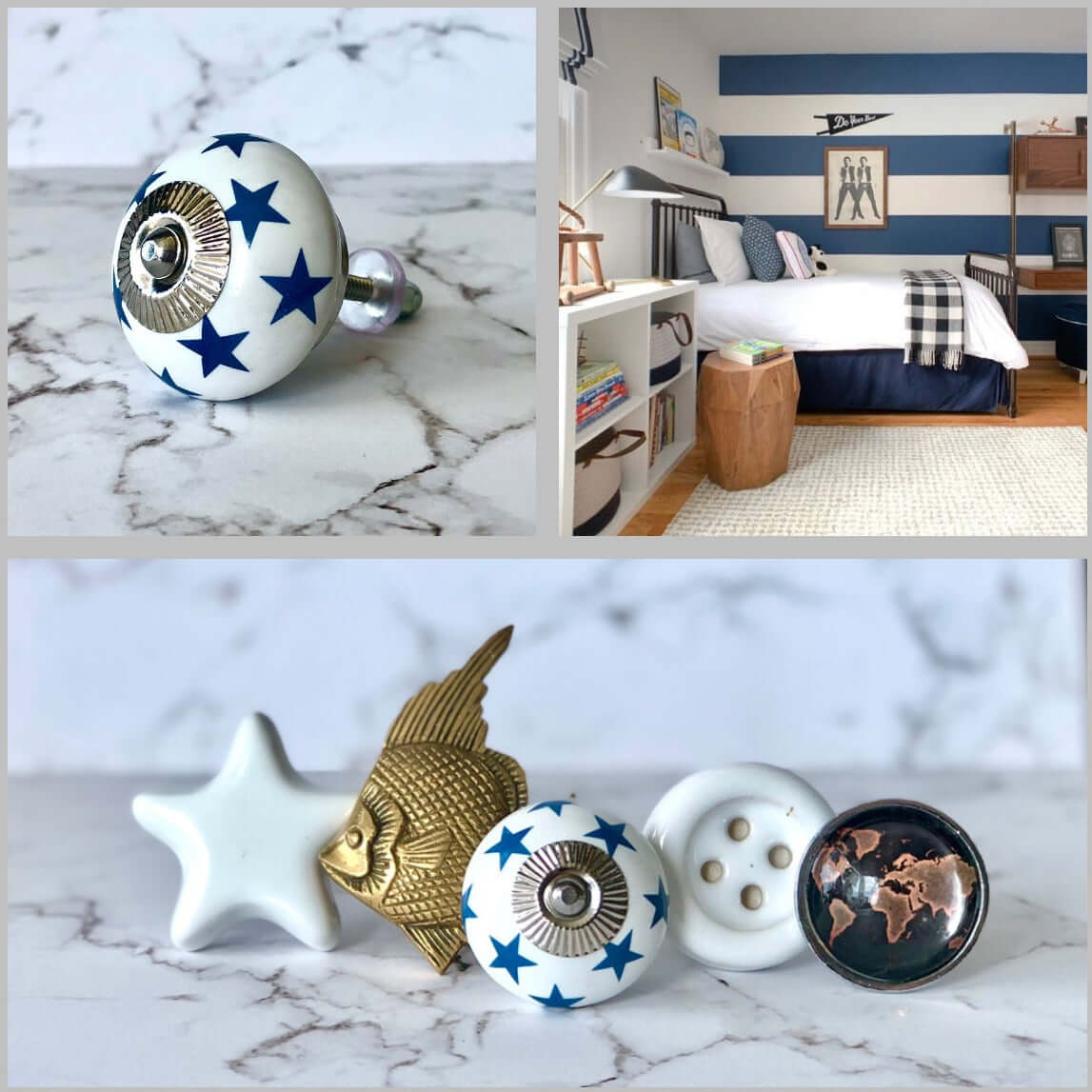 A collection of decorative knobs displayed on a marble surface, including a white knob with blue stars, a white ceramic star knob, a brass fish-shaped knob, a button-inspired knob, and a knob featuring a world map. In the background, a children’s room with blue and white striped walls, a cozy bed, and playful decor suggests how these knobs could add charm to a child’s bedroom or playful spaces.