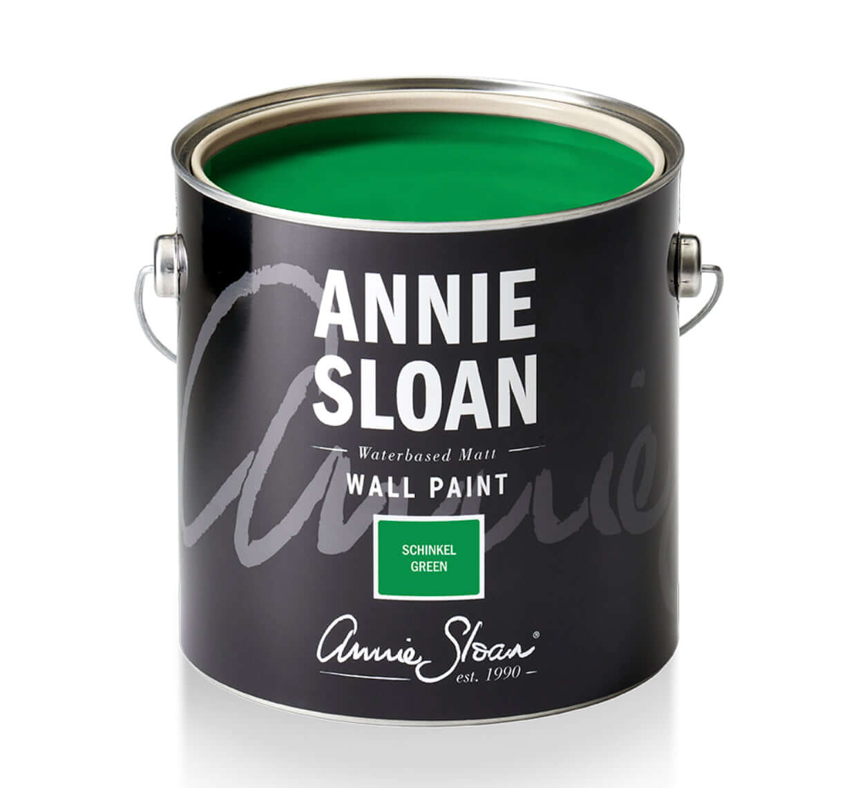 Annie Sloan Schinkel Green wall paint can with vibrant green interior paint inside.