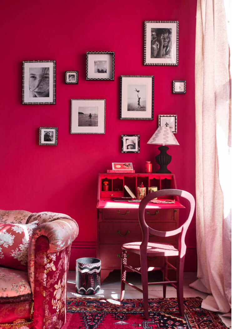 Capri Pink - Annie Sloan Wall Paint decorates a room with framed photos and antique furniture.