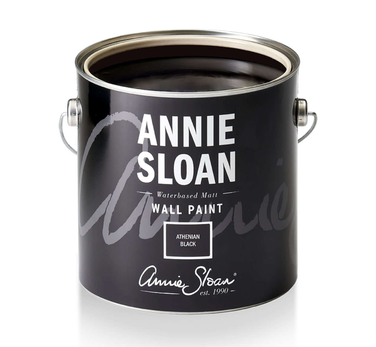 Annie Sloan Athenian Black wall paint can featuring a sleek black design and water-based matte finish.