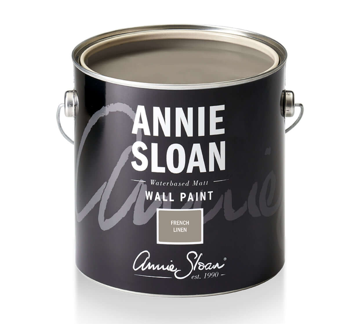 Annie Sloan French Linen wall paint can, showcasing modern design and elegant branding.