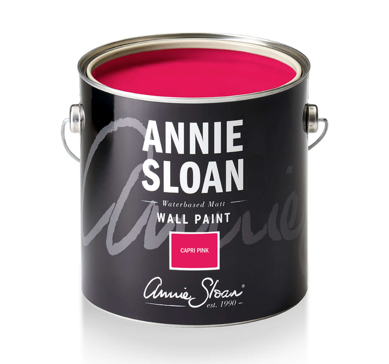 Capri Pink - Annie Sloan Wall Paint tin with vibrant pink paint inside and stylish branding.