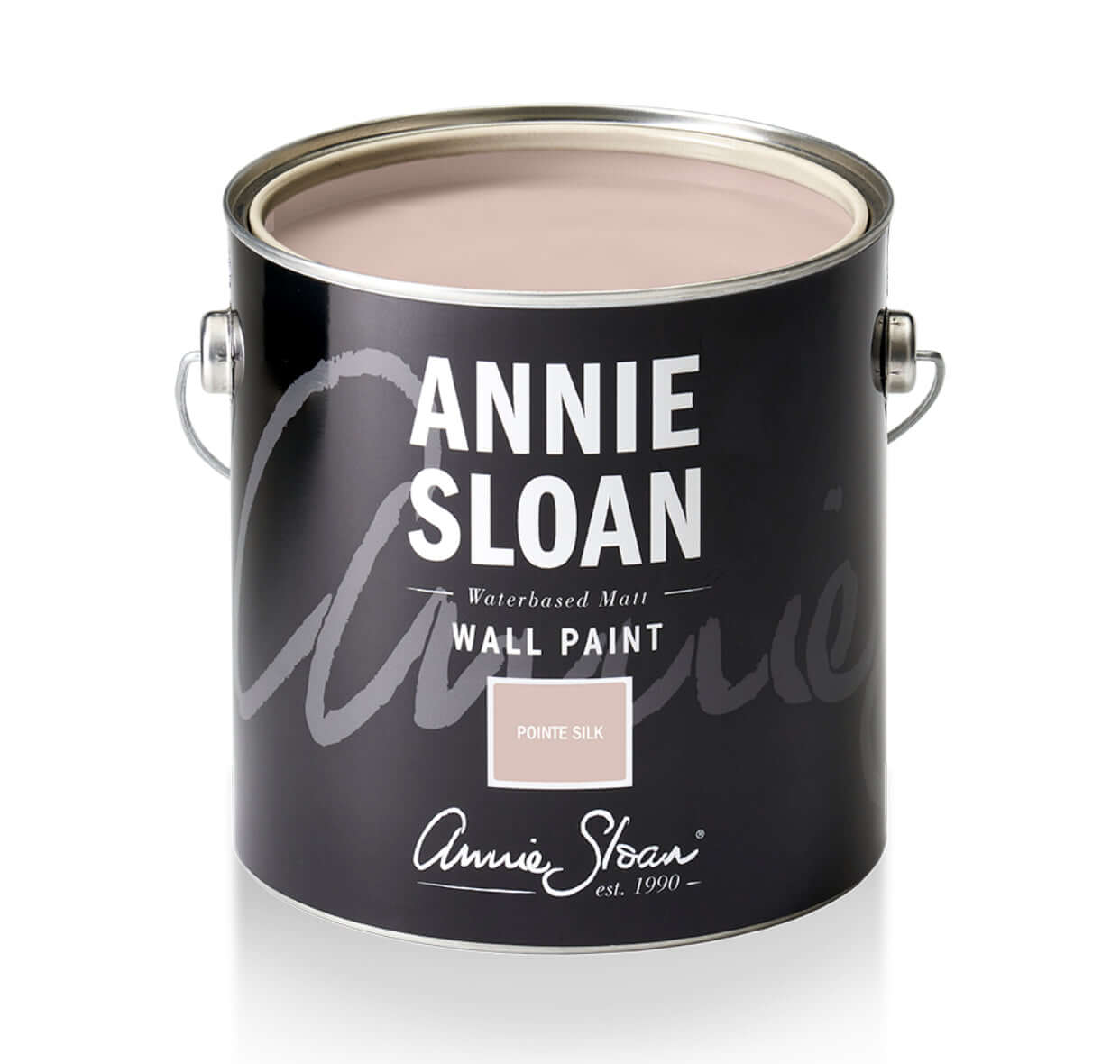 Annie Sloan Pointe Silk wall paint can in a sleek design, showcasing its water-based, matte finish.